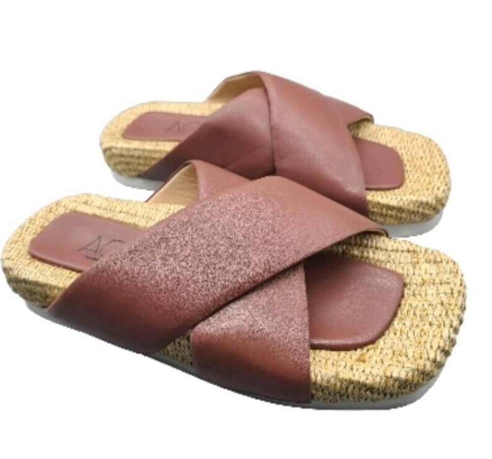 AGL Sandals Womens Sz 40 10 Strappy Slip On Flats Comfort Leather raffia New